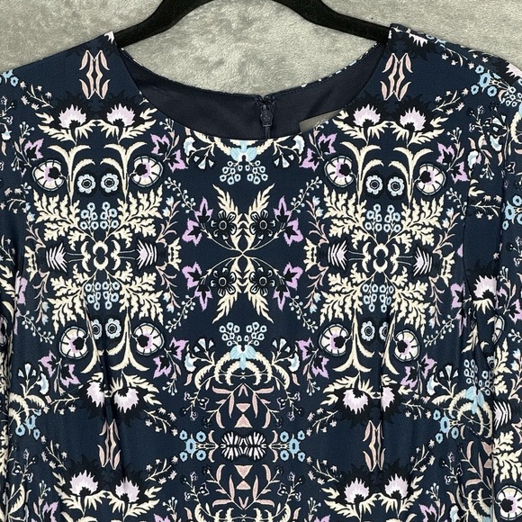 Vince Camuto 8 Shift Dress Navy Blue Paisley Round Neck Bell 3/4 Sleeve Zip Back - Picture 5 of 7